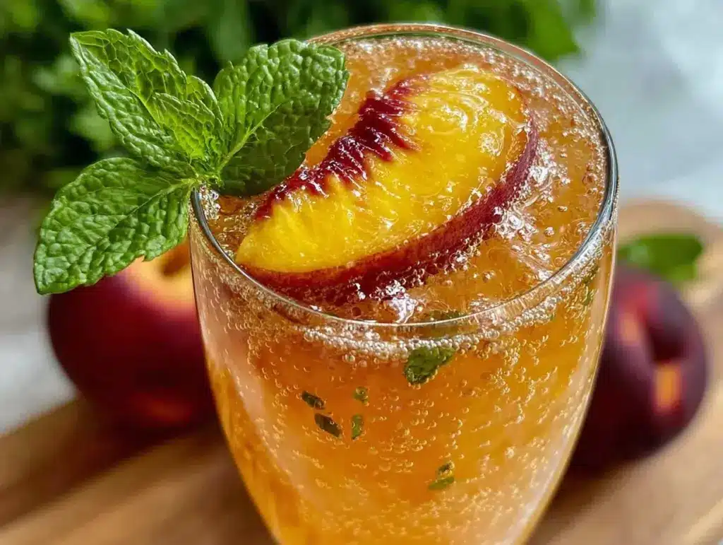 fresh peach bellini mocktail - featured image