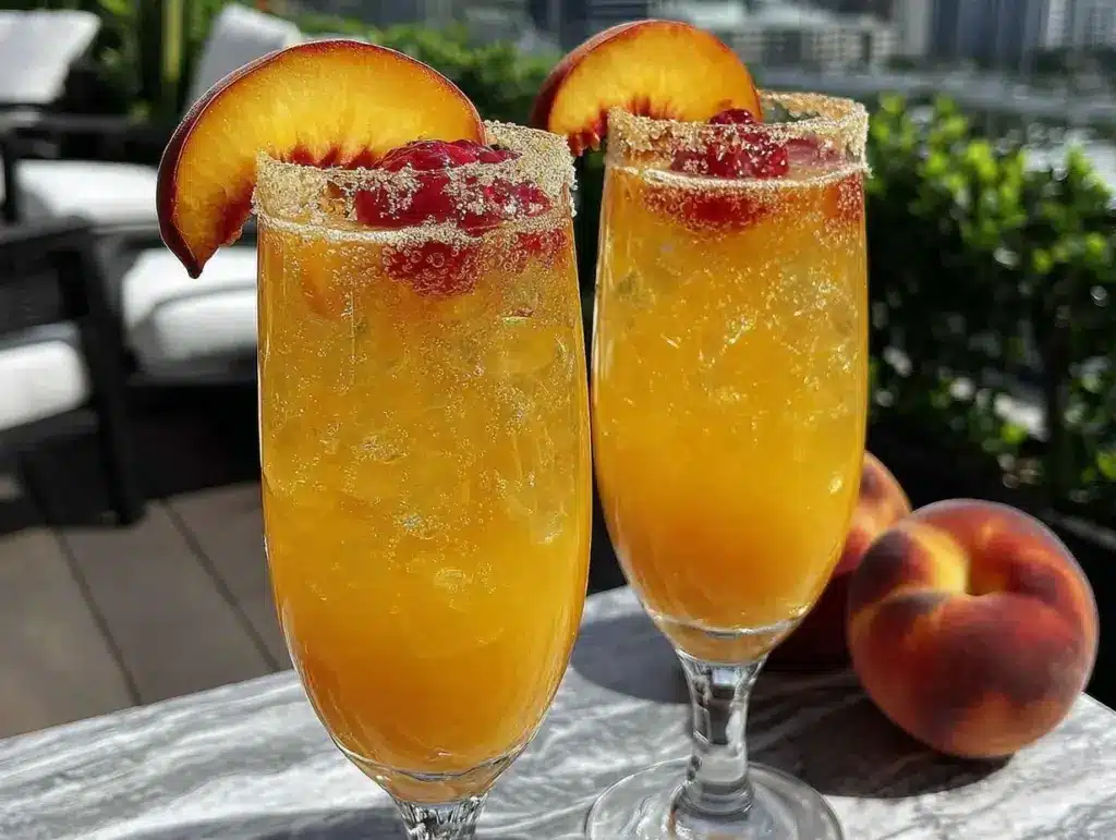 fresh peach bellini mocktail - featured image
