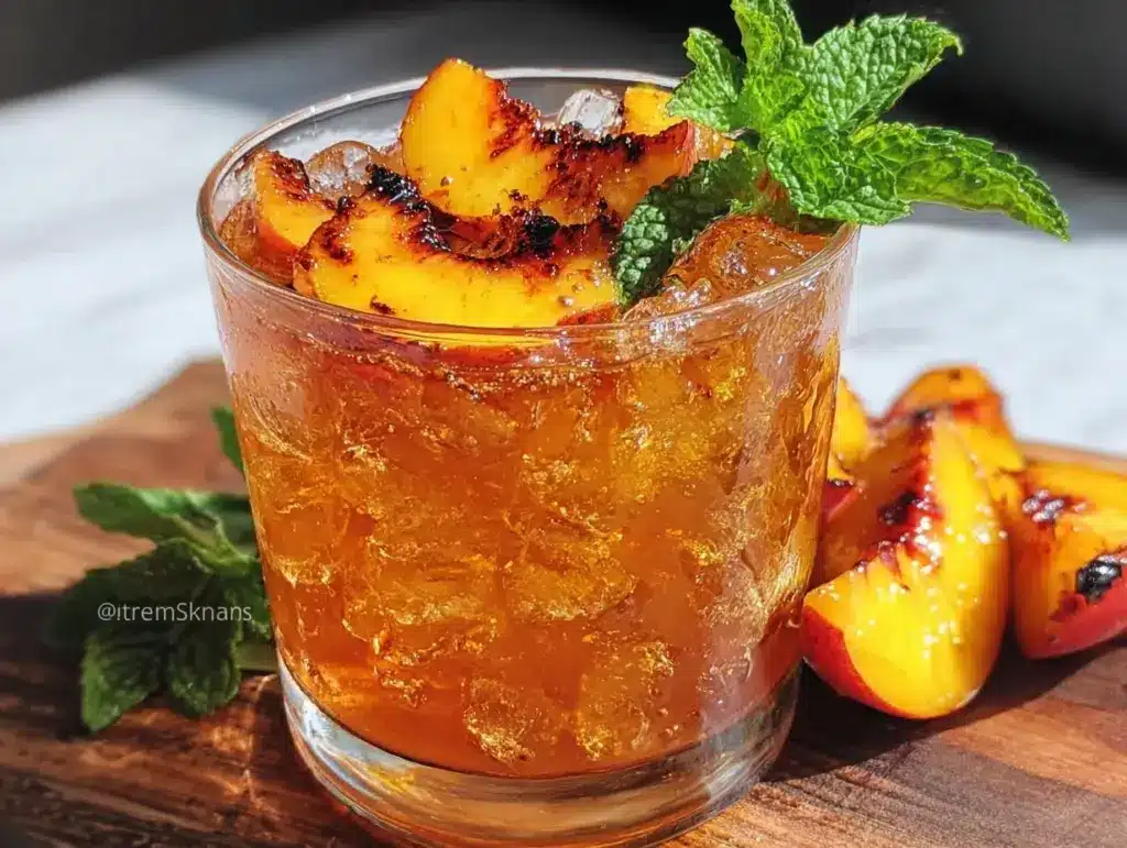 grilled peach bourbon smash cocktail - featured image