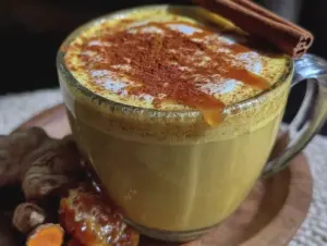 healthy cinnamon honey turmeric golden milk latte recipe - featured image