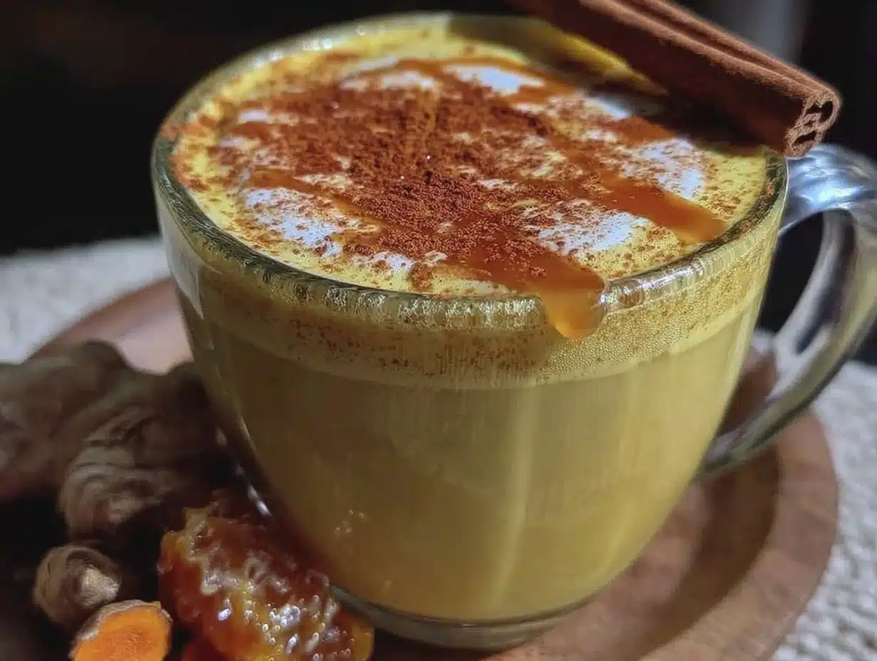healthy cinnamon honey turmeric golden milk latte recipe - featured image