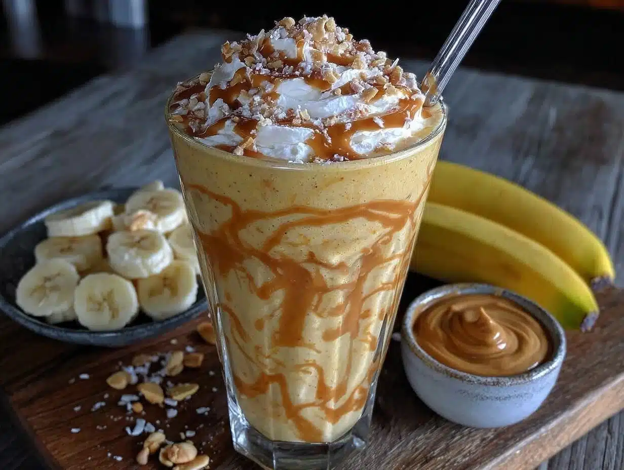 healthy high protein banana peanut butter smoothie - featured image
