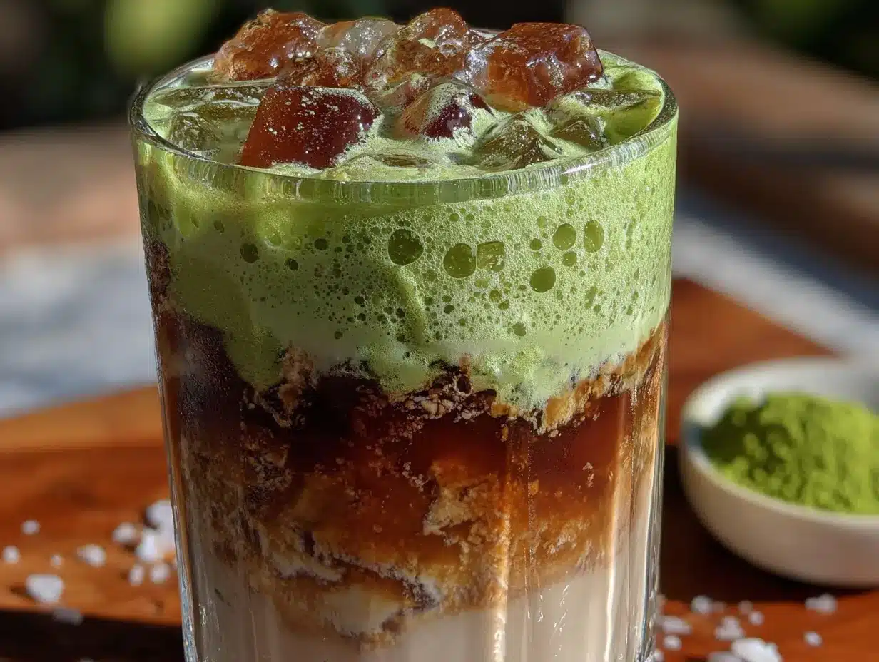 iced brown sugar matcha latte with oat milk preparation steps
